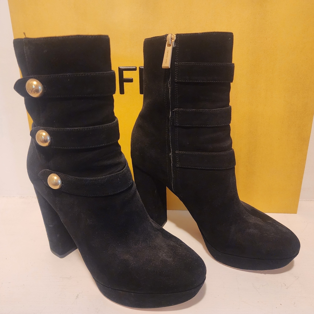 Michael Kors Black Heeled Boots with Gold Accents